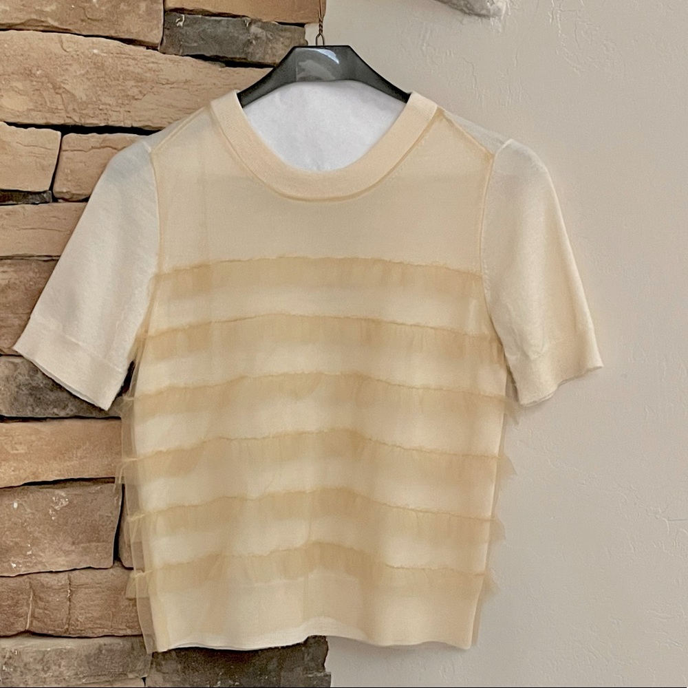 J Crew Tippy Tulle Ruffle Merino Wool Top